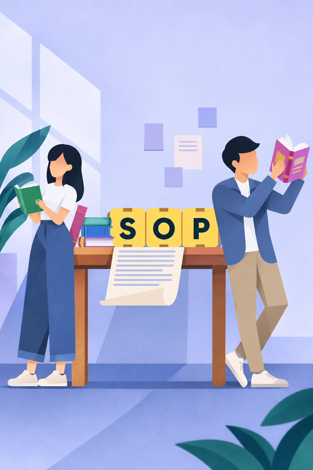 Two team members reading process documents next to a set of SOP blocks, illustrating shared, written-down knowledge