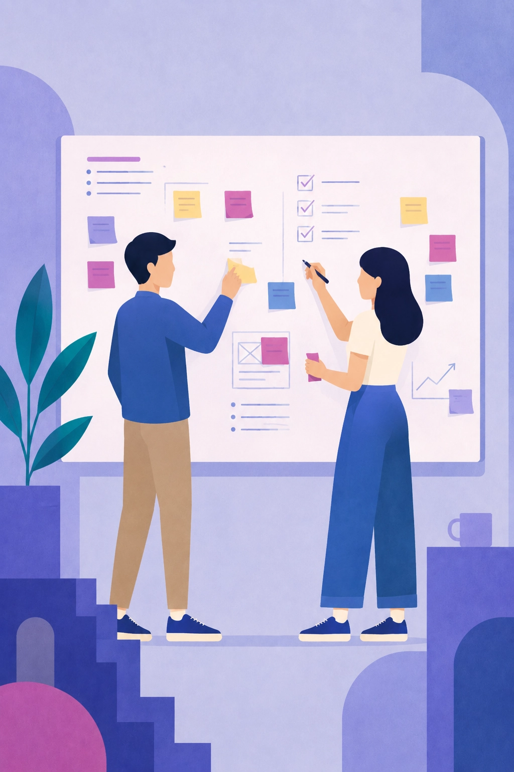 Two team members updating a shared task board covered in sticky notes and checklists